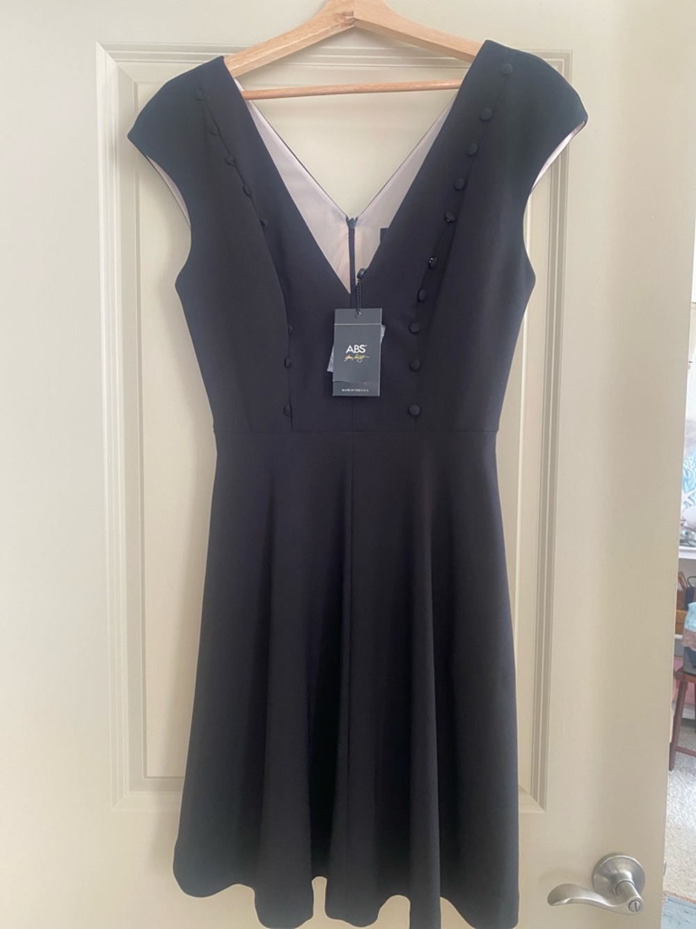 ABS Allen Schwartz Black V-Neck Cap Sleeve Midi Dress with Covered Buttons